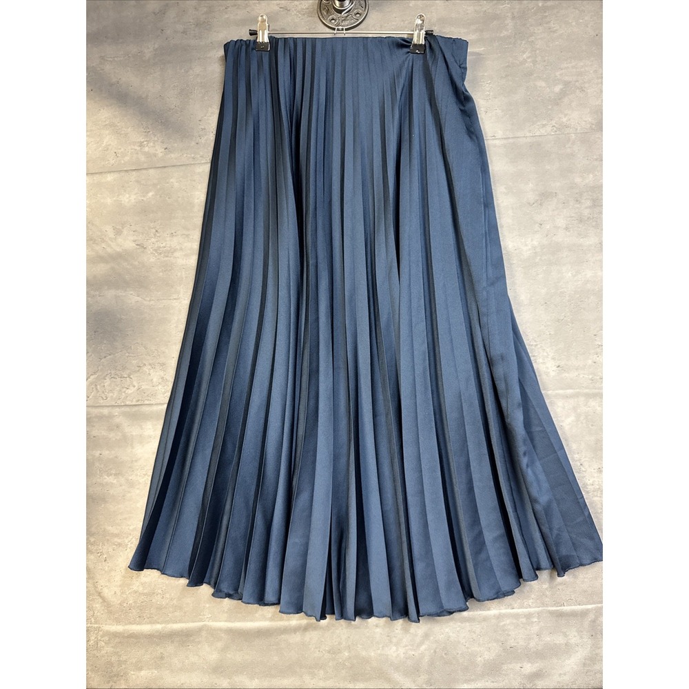 Zara blue pleated midi skirt with a glossy, satin-like finish Sz Lg